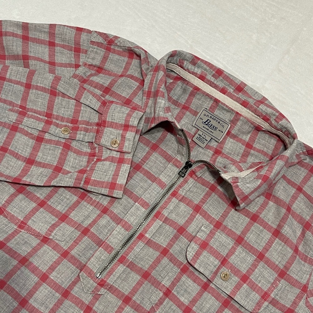 GH Bass Women's XXL Red Grey Plaid Cotton Quarter Zip Pullover Shirt Pockets See